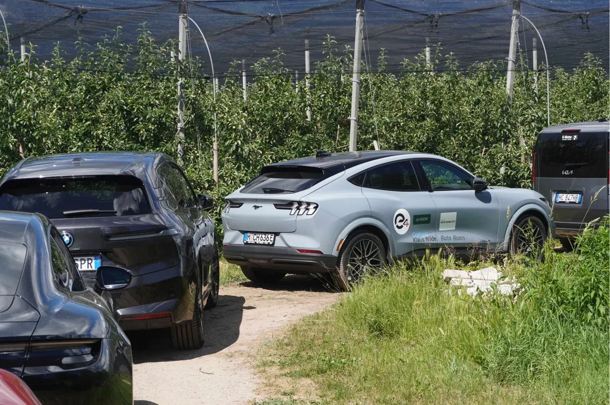 Zwischen Weinreben und Weitblick warten die Fahrzeuge, während wir Südtirol mit allen Sinnen genießen.